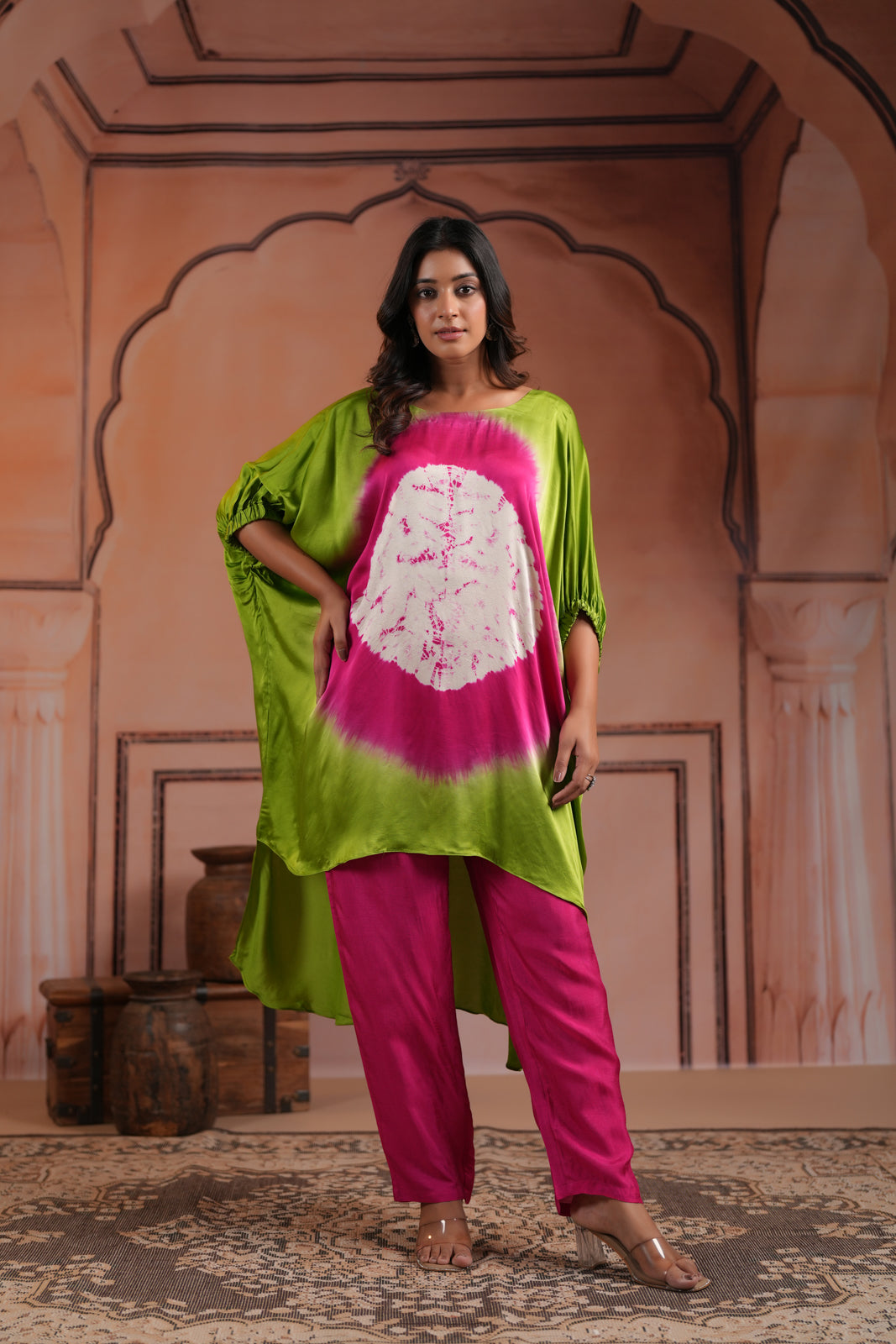 Green & Pink Satin Crepe Tie-Dye Kaftan Set