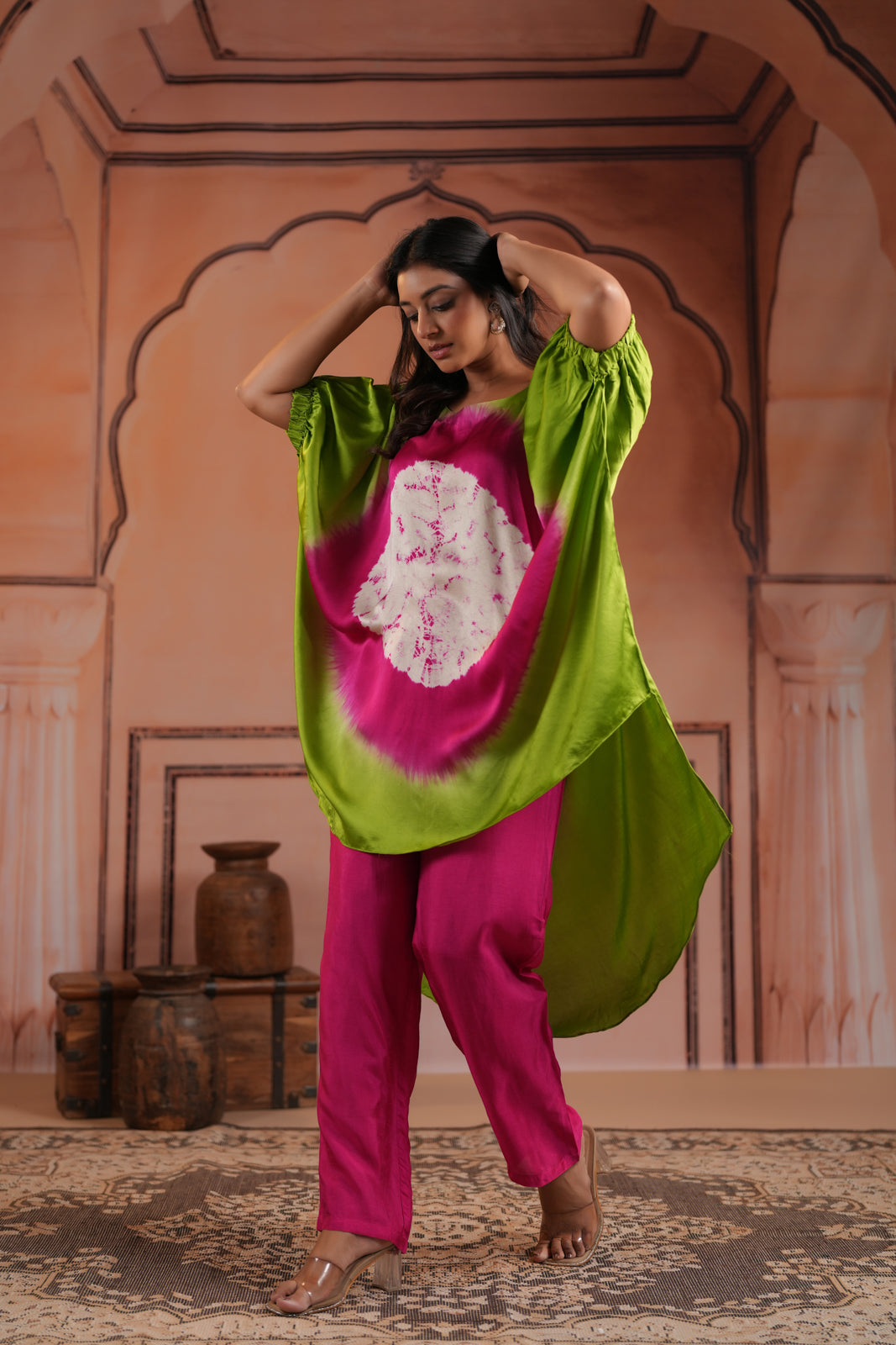 Green & Pink Satin Crepe Tie-Dye Kaftan Set