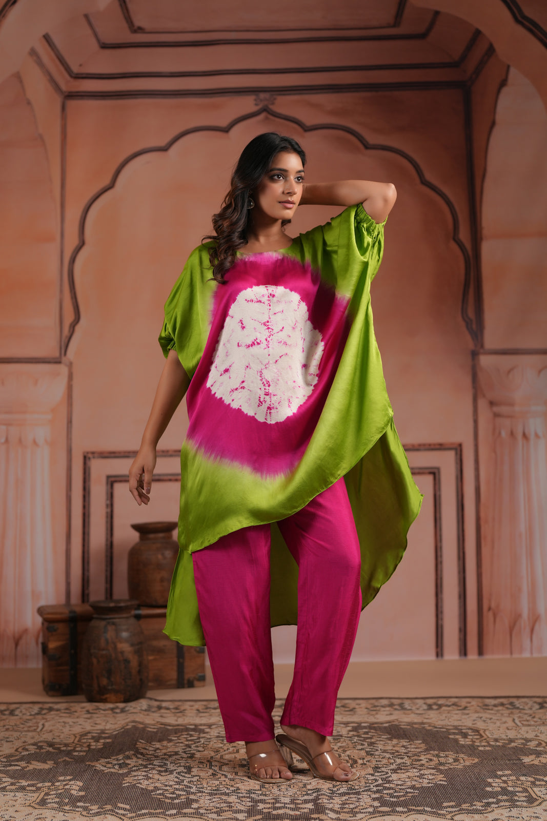 Green & Pink Satin Crepe Tie-Dye Kaftan Set