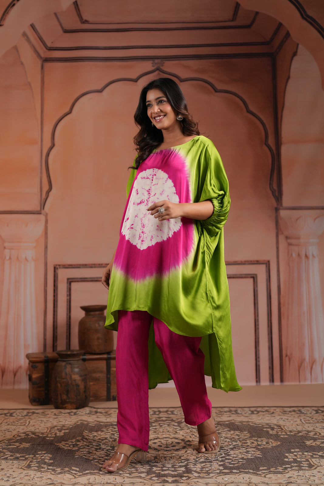Green & Pink Satin Crepe Tie-Dye Kaftan Set