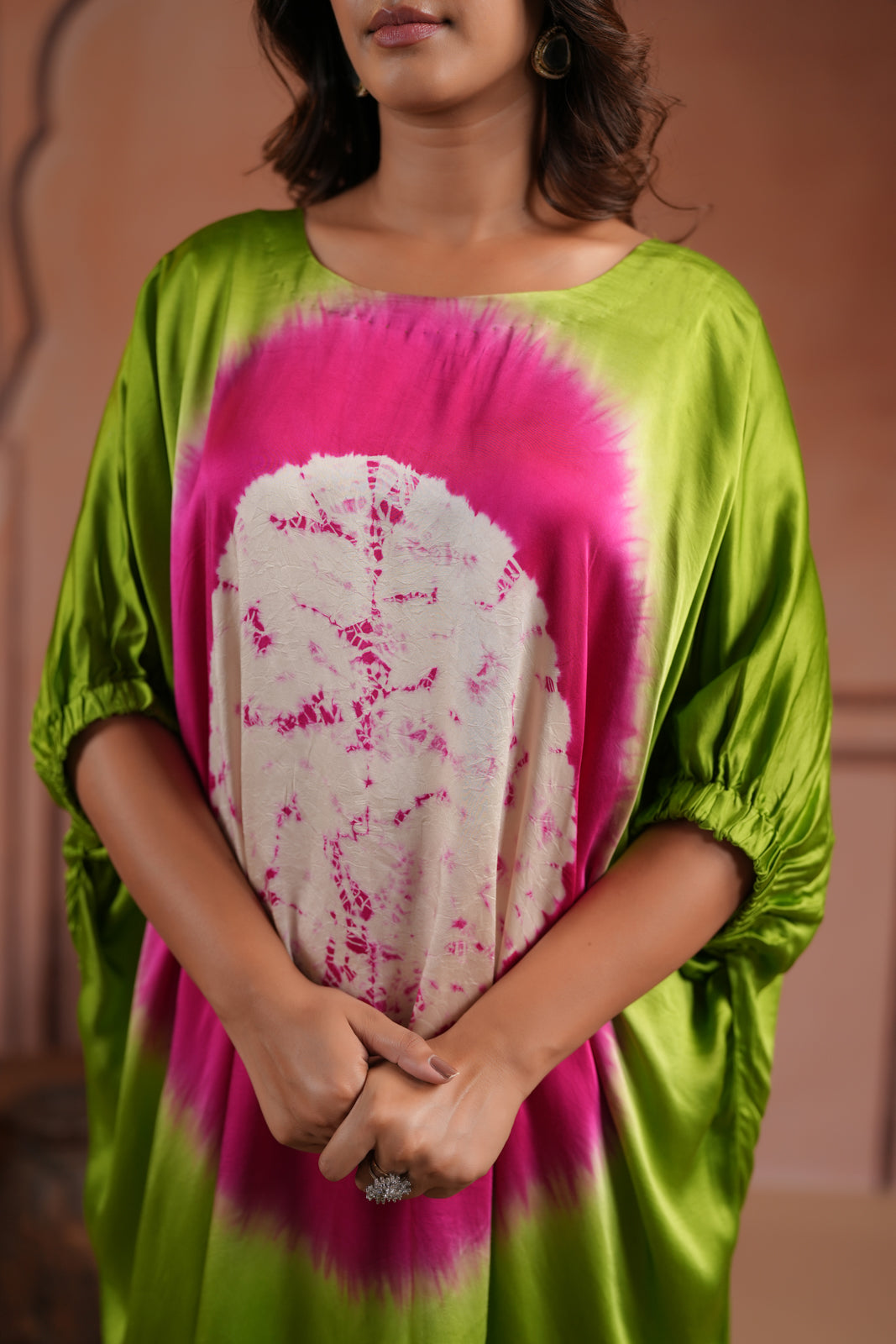 Green & Pink Satin Crepe Tie-Dye Kaftan Set