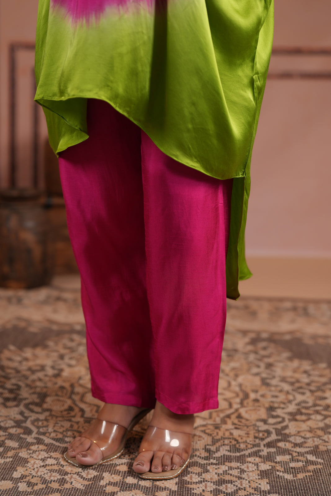 Green & Pink Satin Crepe Tie-Dye Kaftan Set