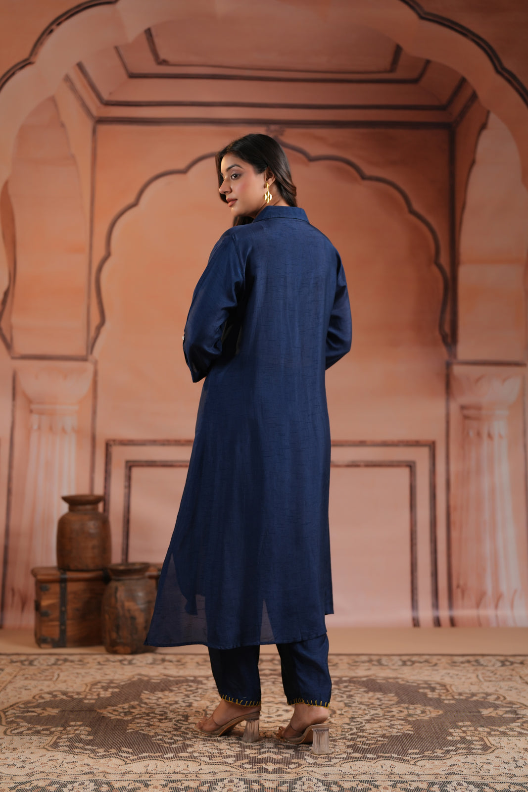 Navy Blue Raw Silk A-Line Kurti With Centre Embroidery & Plain Pant