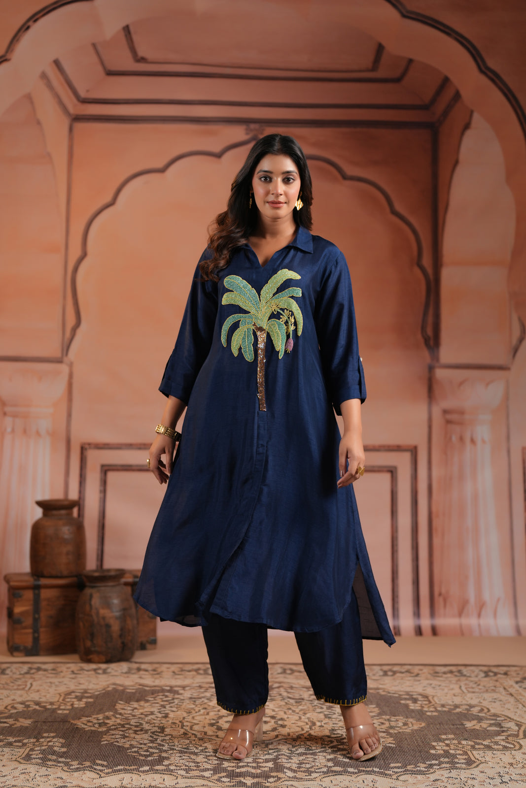 Navy Blue Raw Silk A-Line Kurti With Centre Embroidery & Plain Pant