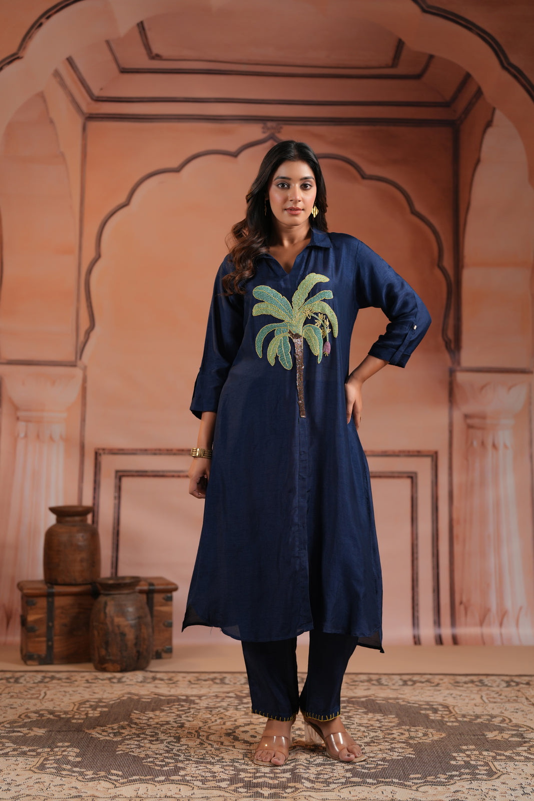 Navy Blue Raw Silk A-Line Kurti With Centre Embroidery & Plain Pant