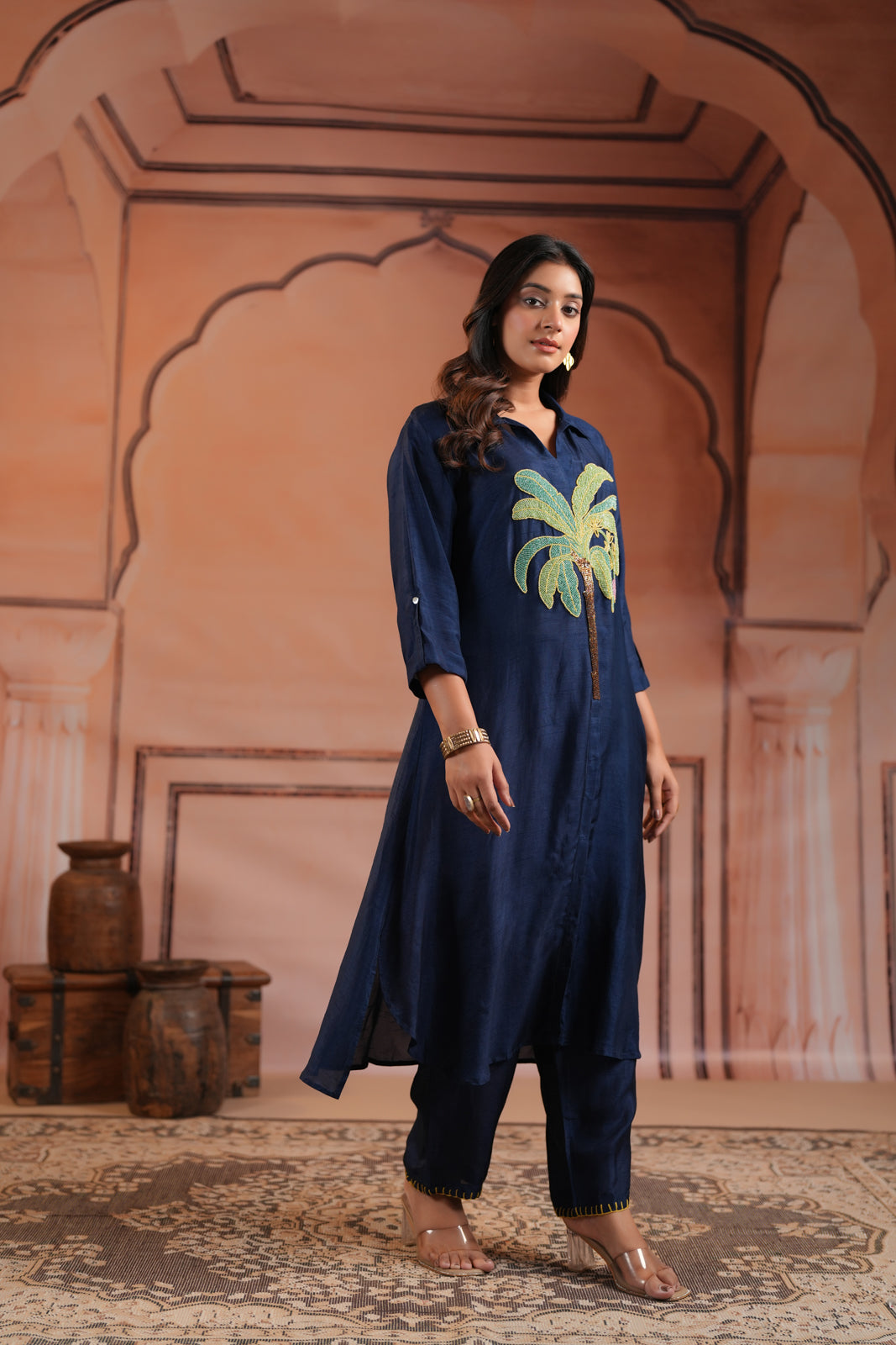 Navy Blue Raw Silk A-Line Kurti With Centre Embroidery & Plain Pant