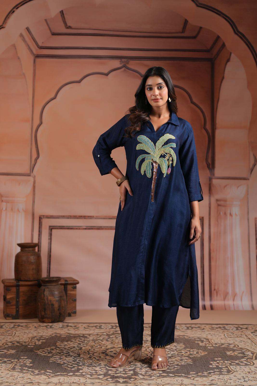 Navy Blue Raw Silk A-Line Kurti With Centre Embroidery & Plain Pant