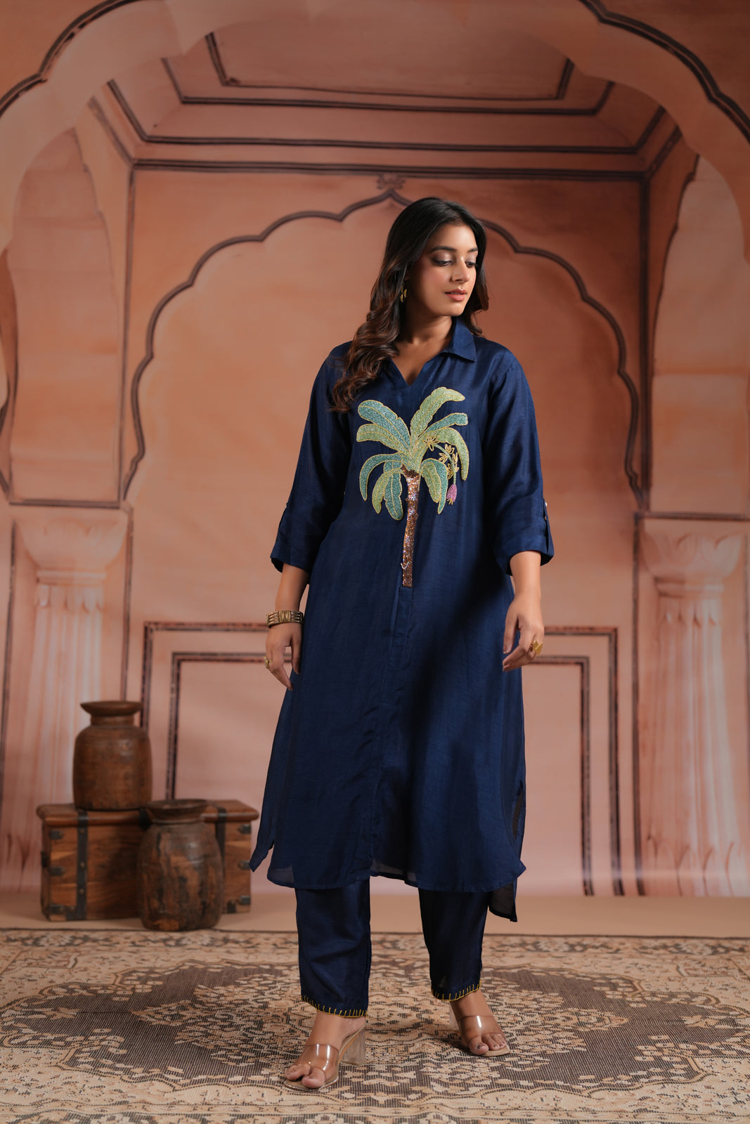 Navy Blue Raw Silk A-Line Kurti With Centre Embroidery & Plain Pant