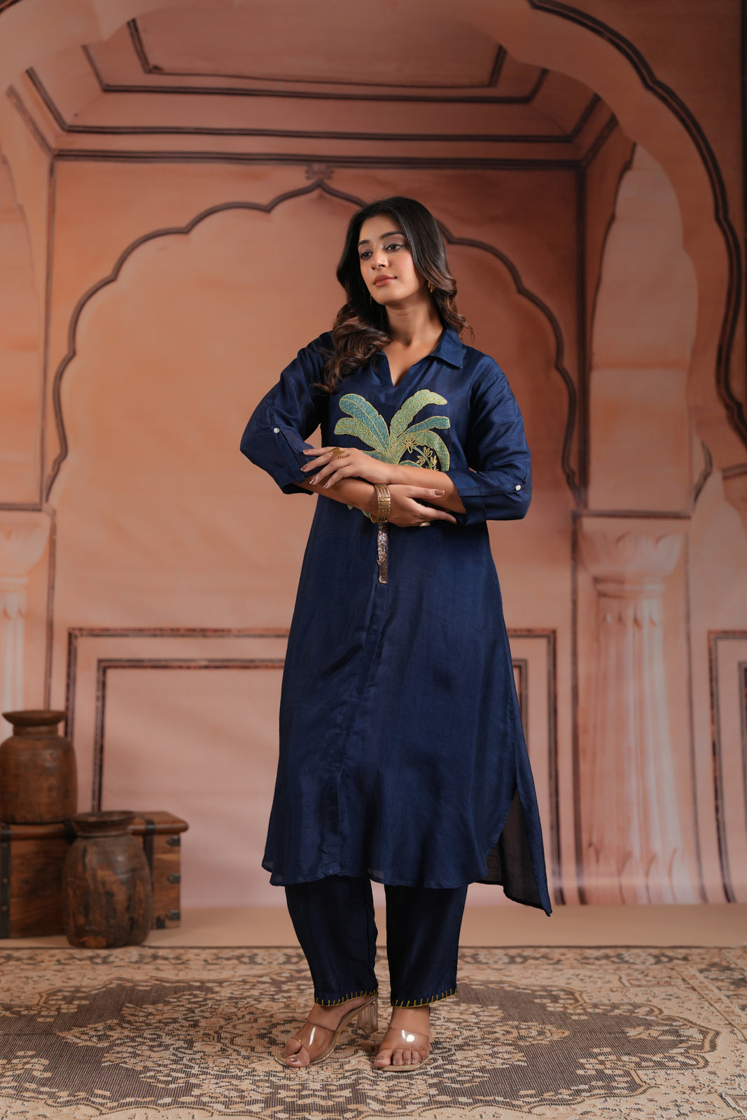 Navy Blue Raw Silk A-Line Kurti With Centre Embroidery & Plain Pant