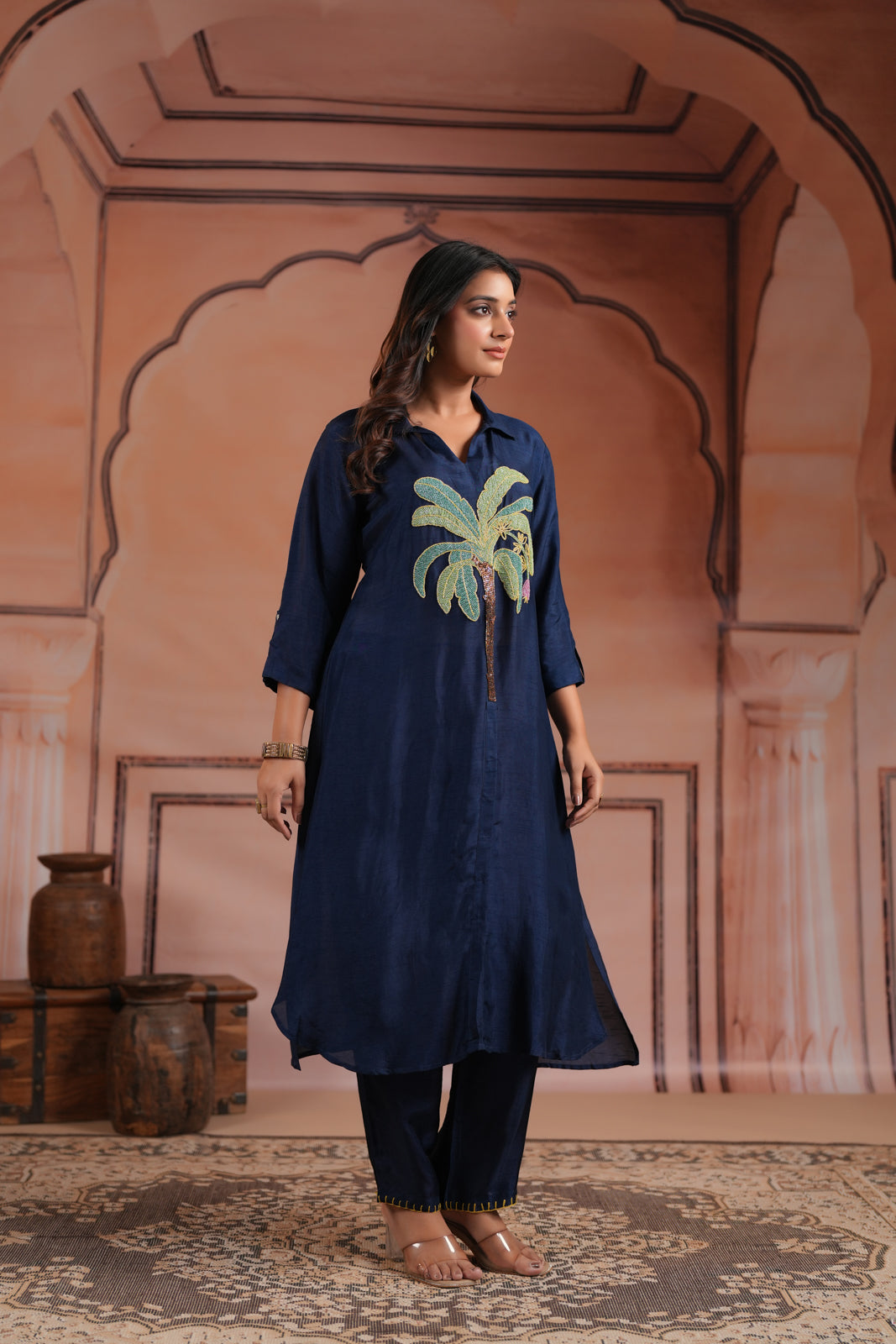 Navy Blue Raw Silk A-Line Kurti With Centre Embroidery & Plain Pant