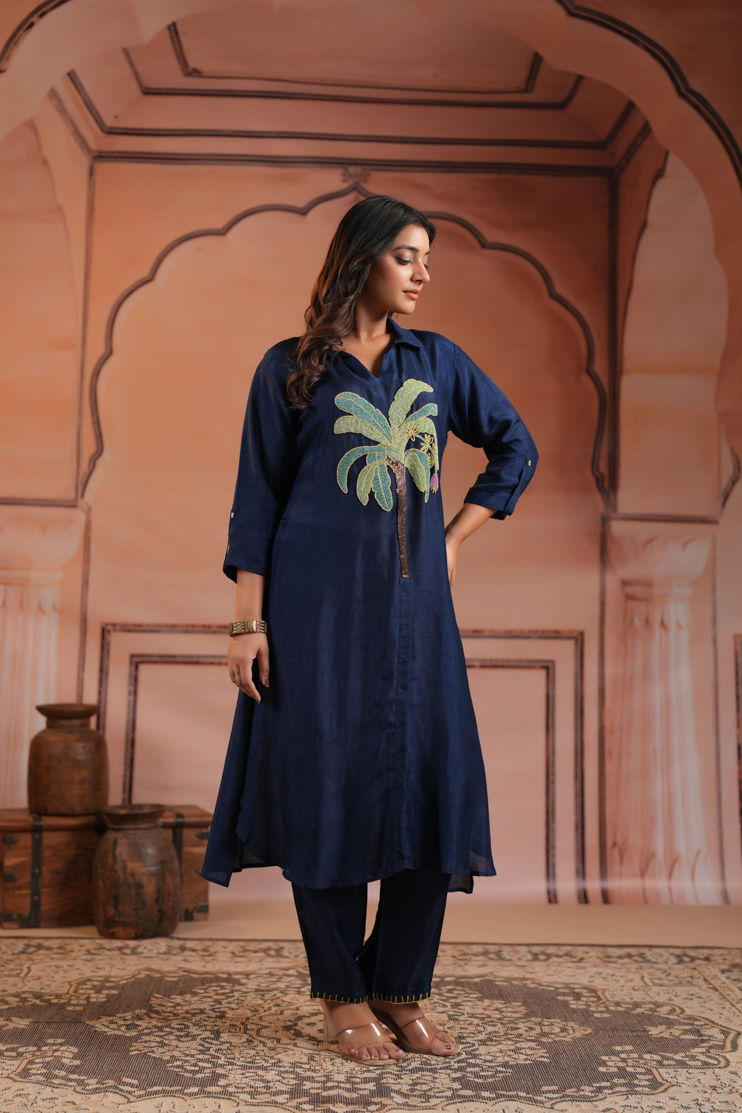 Navy Blue Raw Silk A-Line Kurti With Centre Embroidery & Plain Pant