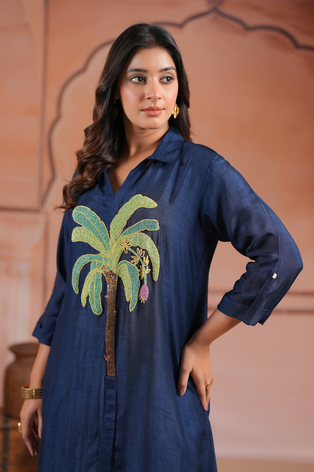 Navy Blue Raw Silk A-Line Kurti With Centre Embroidery & Plain Pant