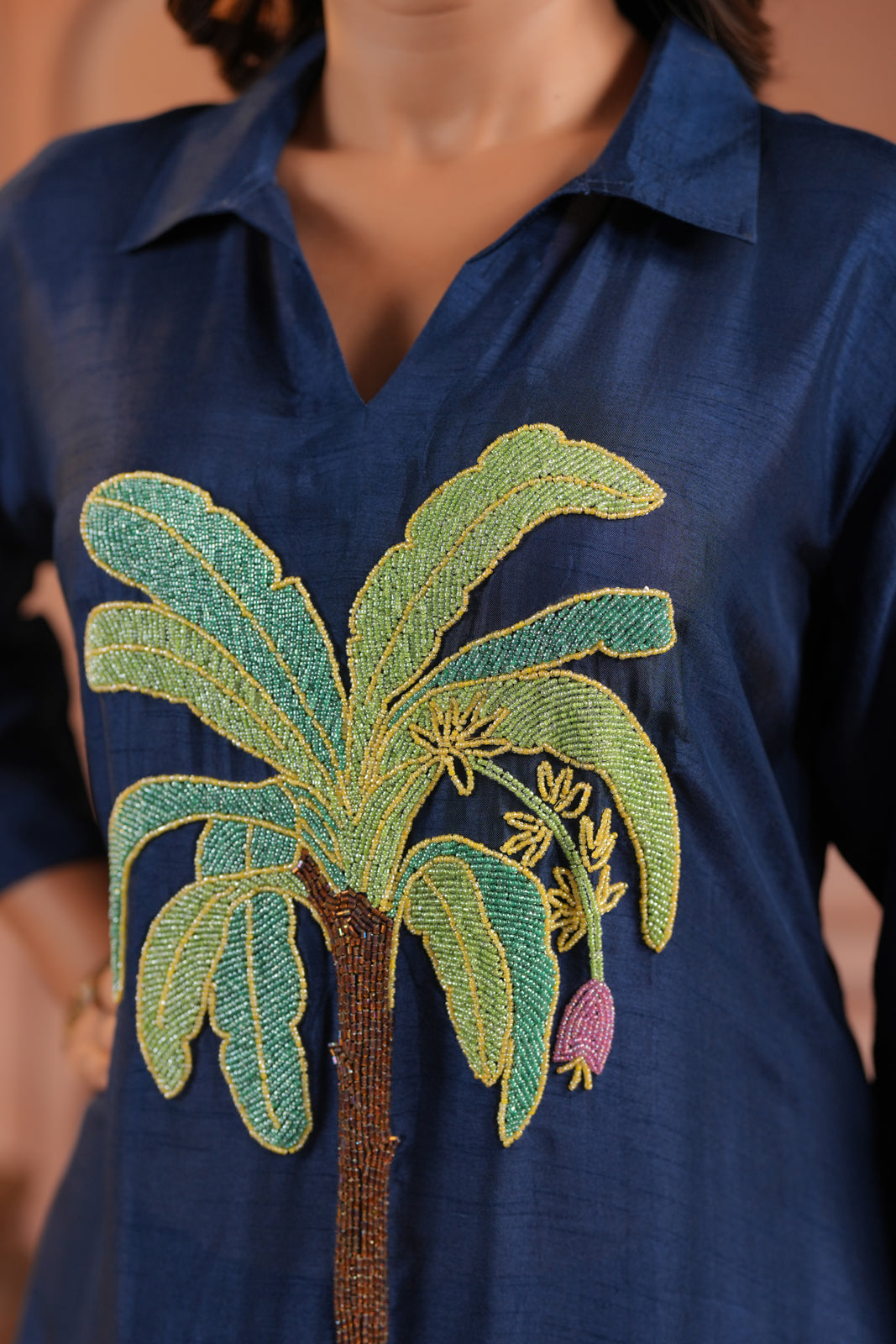 Navy Blue Raw Silk A-Line Kurti With Centre Embroidery & Plain Pant