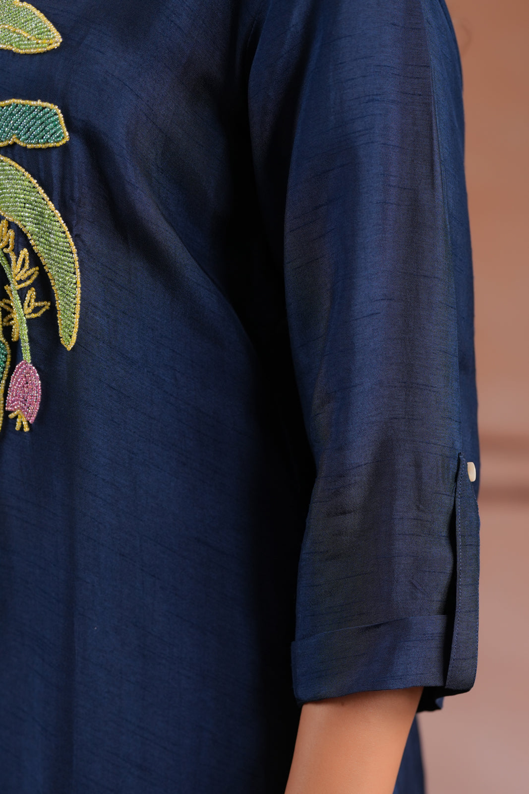 Navy Blue Raw Silk A-Line Kurti With Centre Embroidery & Plain Pant