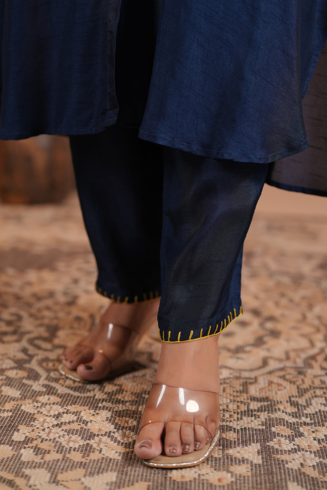 Navy Blue Raw Silk A-Line Kurti With Centre Embroidery & Plain Pant