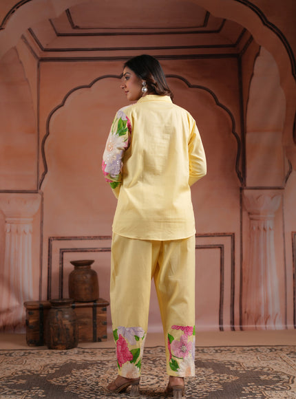 Yellow Cotton Collared Co-Ord Set With Floral Prints Straight Cut Pant