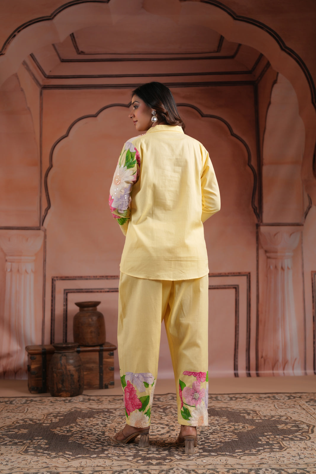 Yellow Cotton Collared Co-Ord Set With Floral Prints Straight Cut Pant