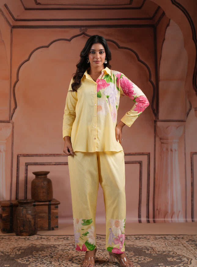 Yellow Cotton Collared Co-Ord Set With Floral Prints Straight Cut Pant