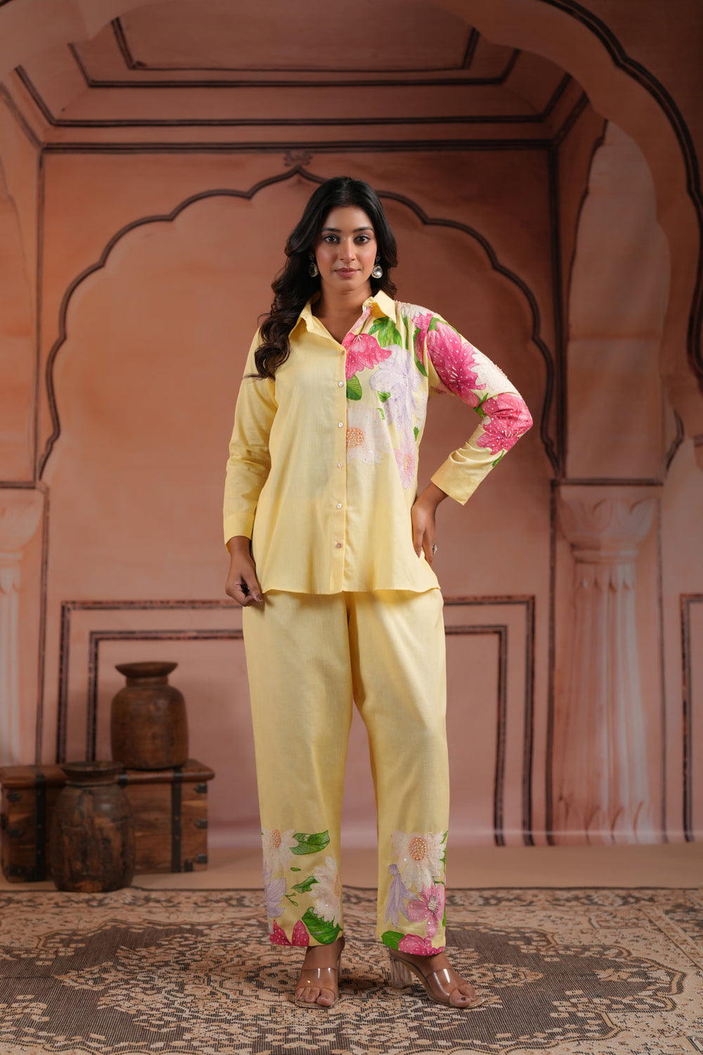 Yellow Cotton Collared Co-Ord Set With Floral Prints Straight Cut Pant