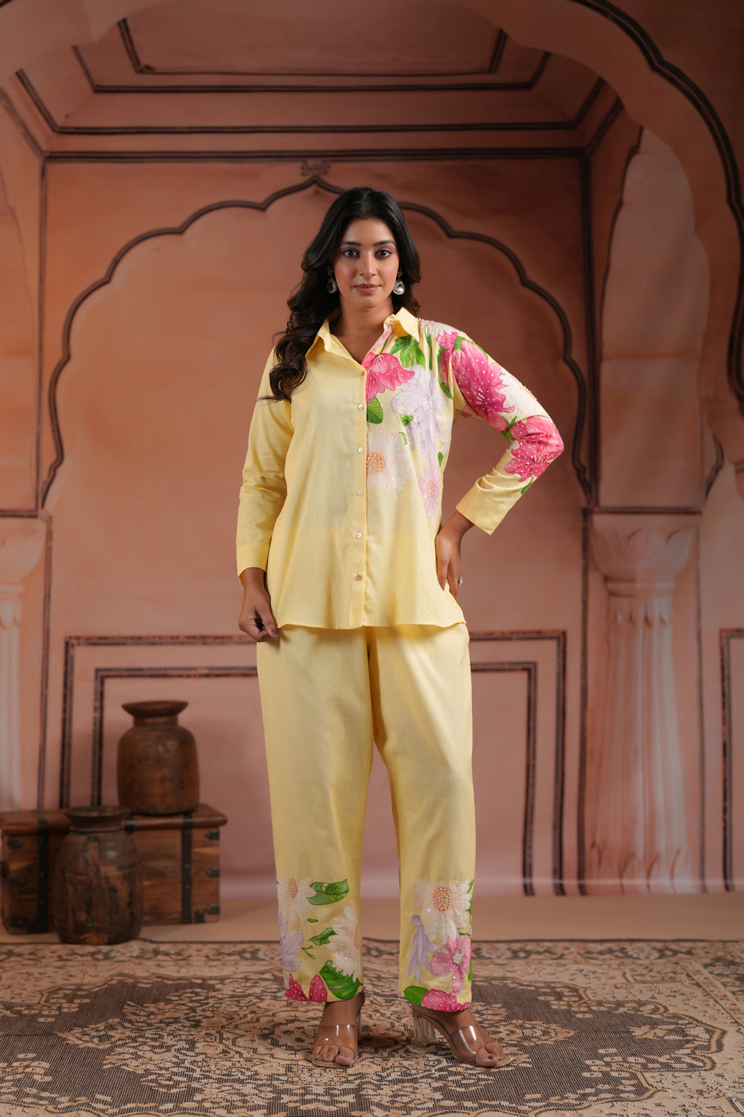 Yellow Cotton Collared Co-Ord Set With Floral Prints Straight Cut Pant