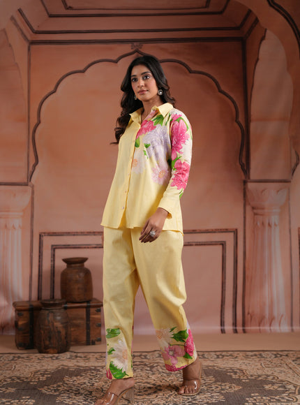 Yellow Cotton Collared Co-Ord Set With Floral Prints Straight Cut Pant