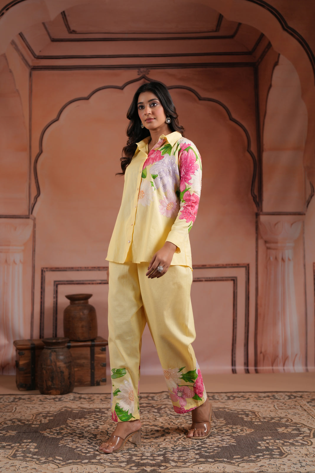Yellow Cotton Collared Co-Ord Set With Floral Prints Straight Cut Pant