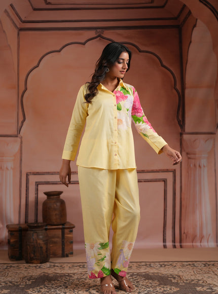 Yellow Cotton Collared Co-Ord Set With Floral Prints Straight Cut Pant