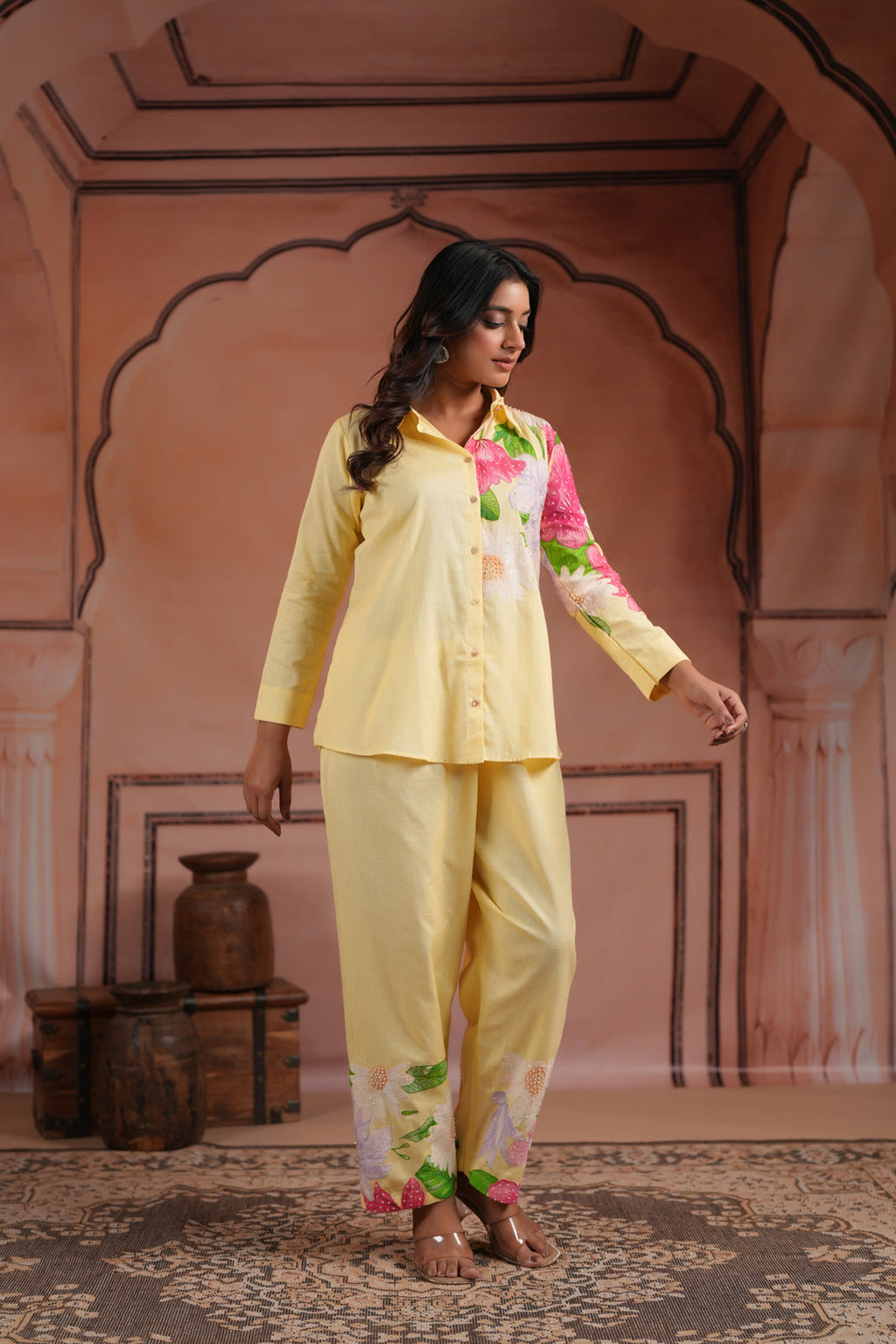 Yellow Cotton Collared Co-Ord Set With Floral Prints Straight Cut Pant