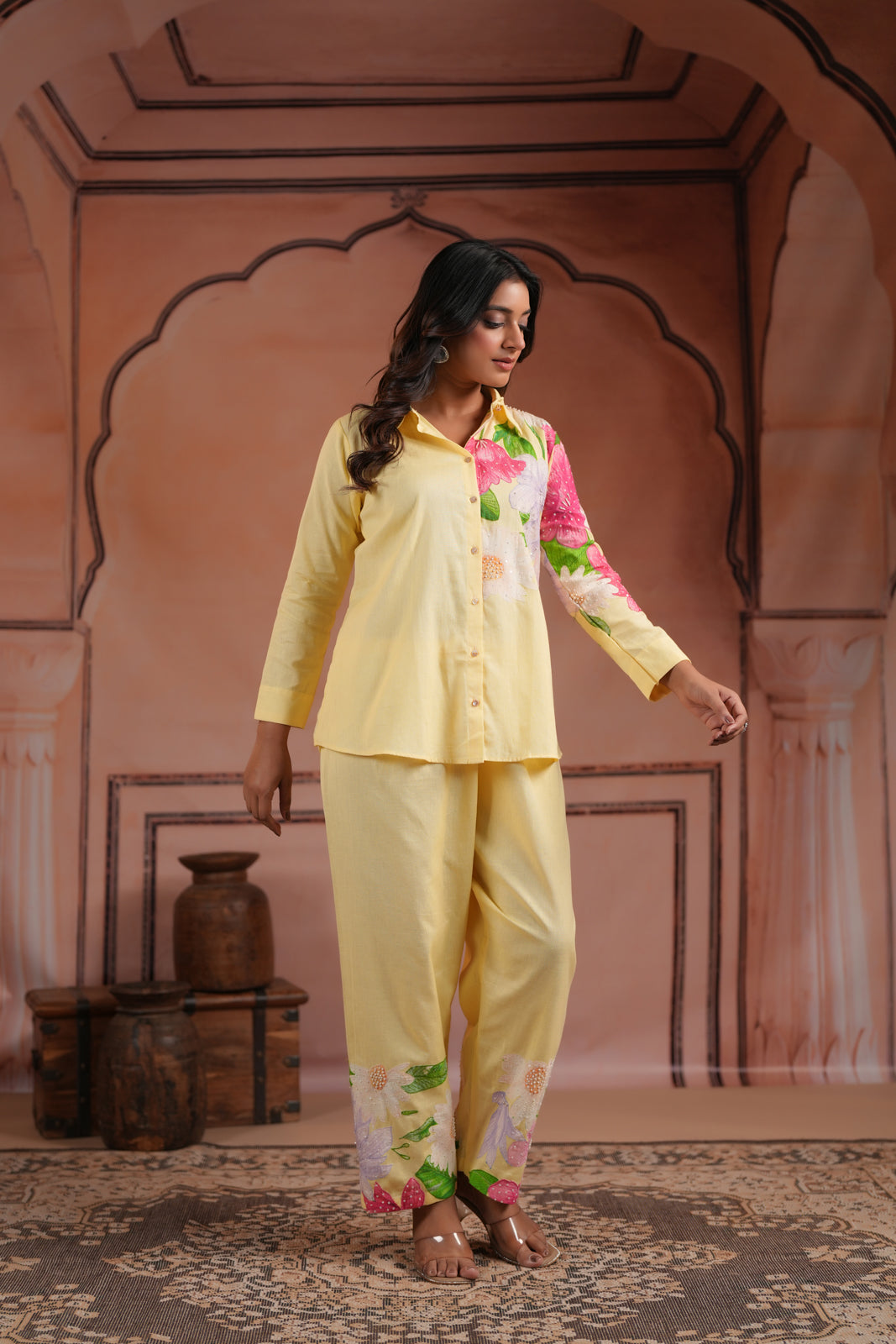 Yellow Cotton Collared Co-Ord Set With Floral Prints Straight Cut Pant
