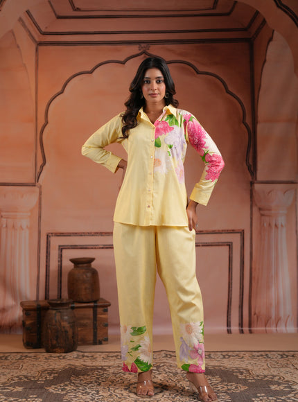 Yellow Cotton Collared Co-Ord Set With Floral Prints Straight Cut Pant