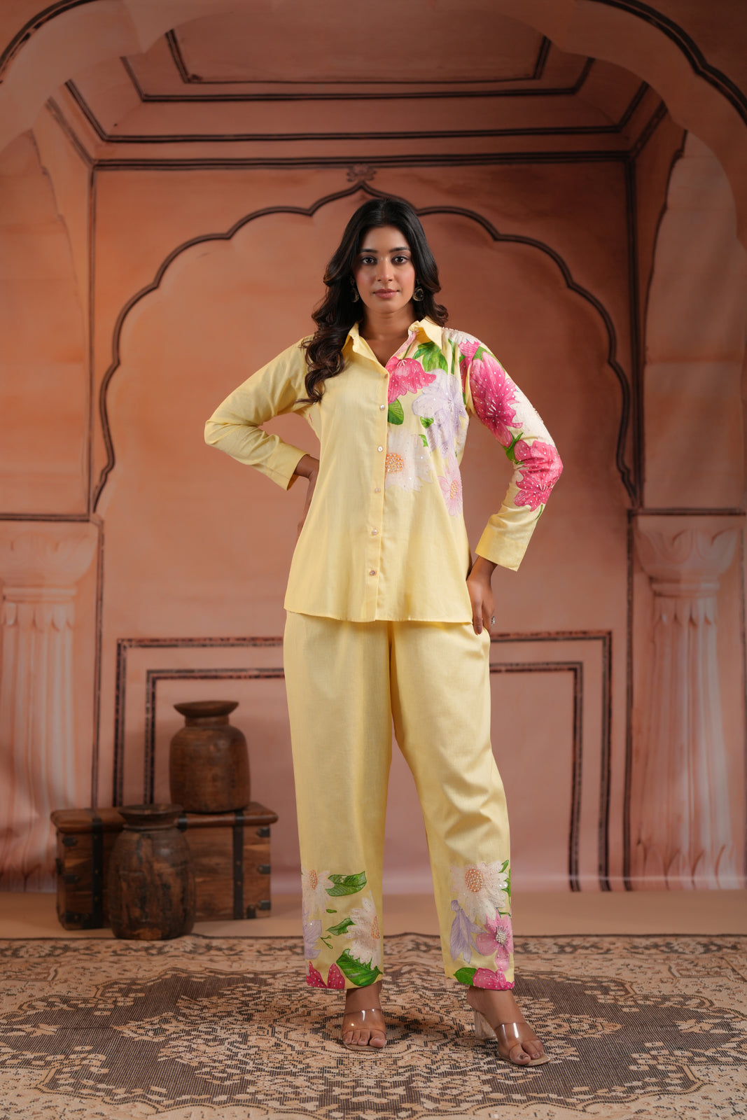 Yellow Cotton Collared Co-Ord Set With Floral Prints Straight Cut Pant