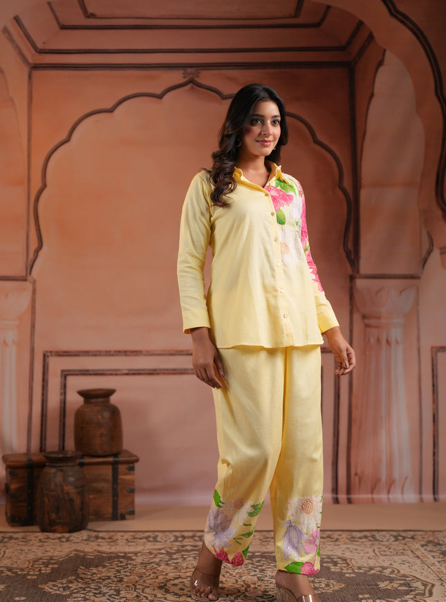 Yellow Cotton Collared Co-Ord Set With Floral Prints Straight Cut Pant