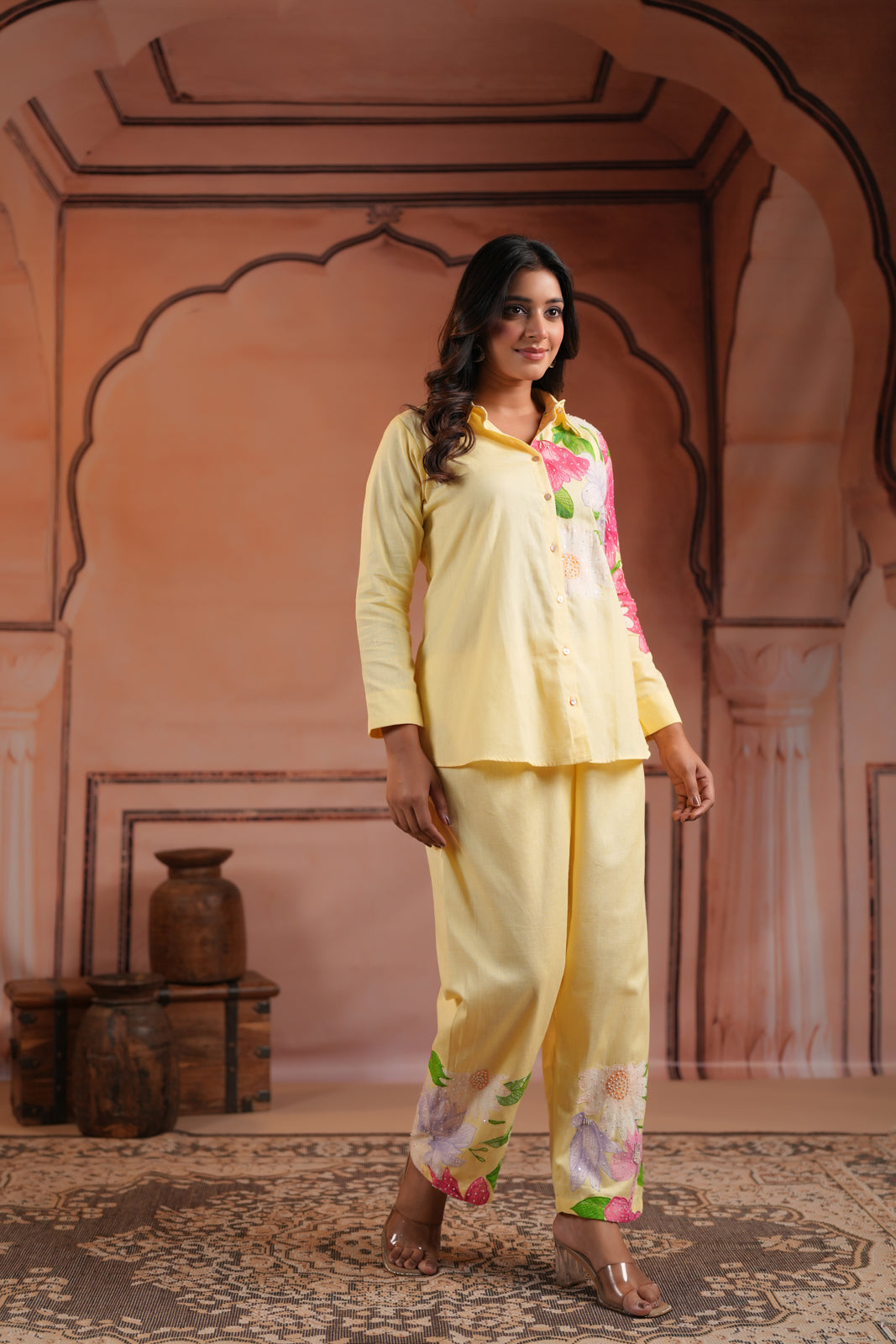 Yellow Cotton Collared Co-Ord Set With Floral Prints Straight Cut Pant