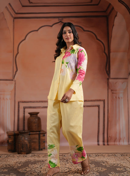 Yellow Cotton Collared Co-Ord Set With Floral Prints Straight Cut Pant
