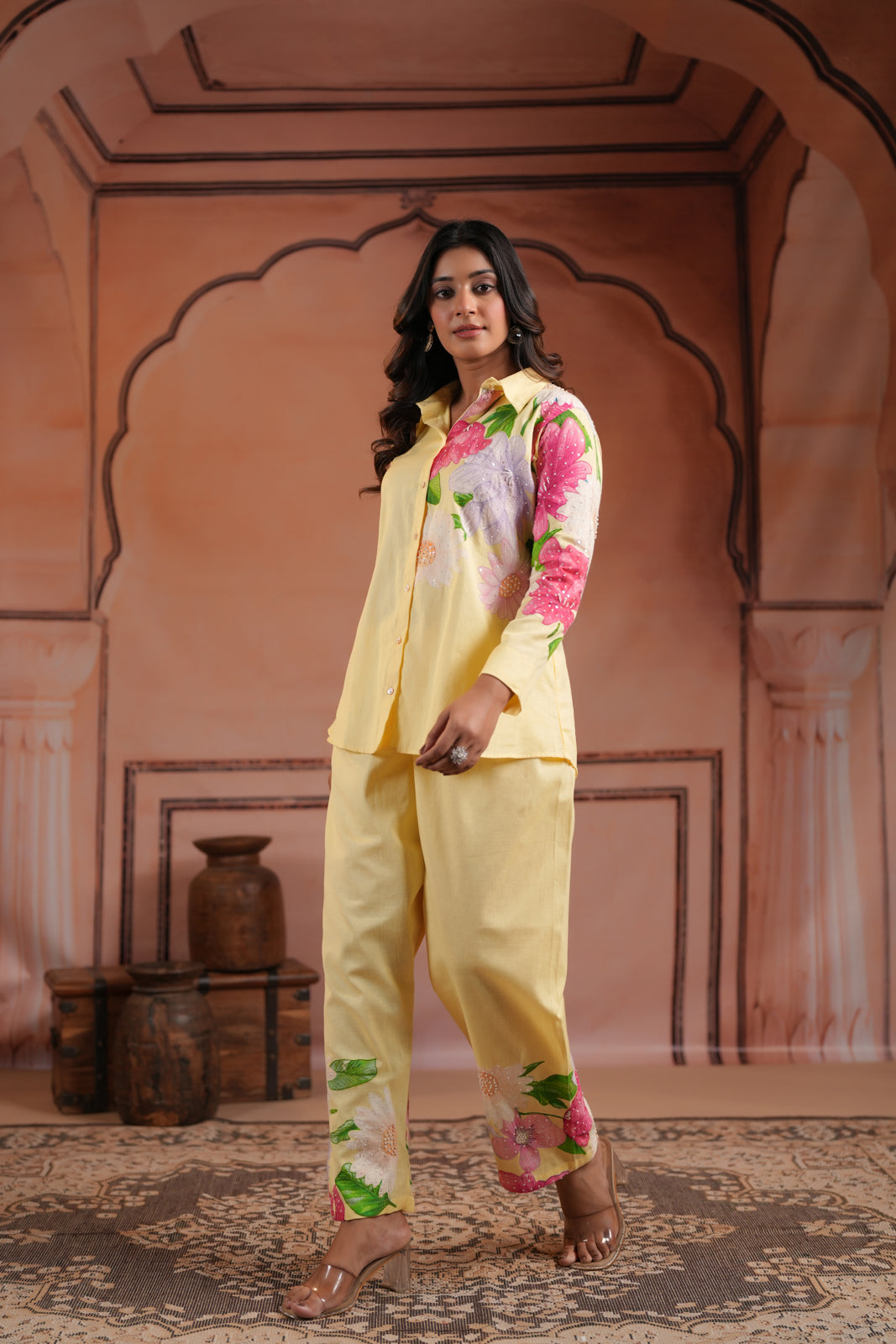 Yellow Cotton Collared Co-Ord Set With Floral Prints Straight Cut Pant