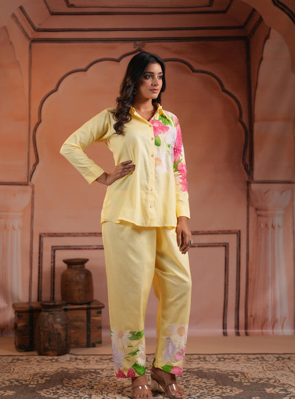 Yellow Cotton Collared Co-Ord Set With Floral Prints Straight Cut Pant