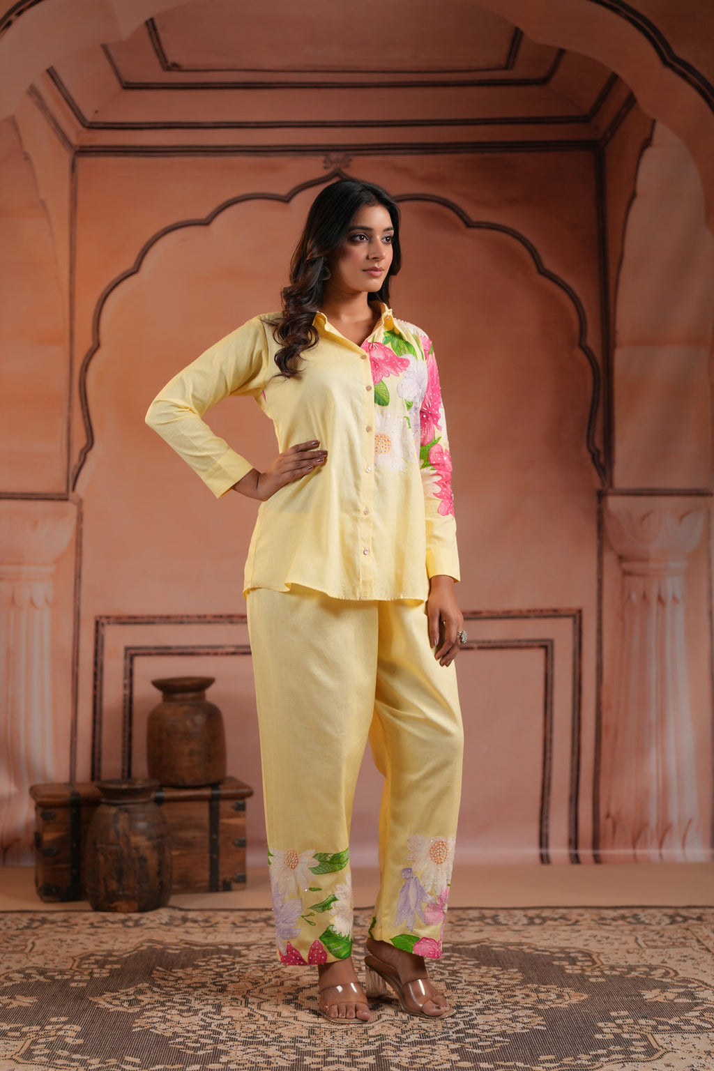Yellow Cotton Collared Co-Ord Set With Floral Prints Straight Cut Pant