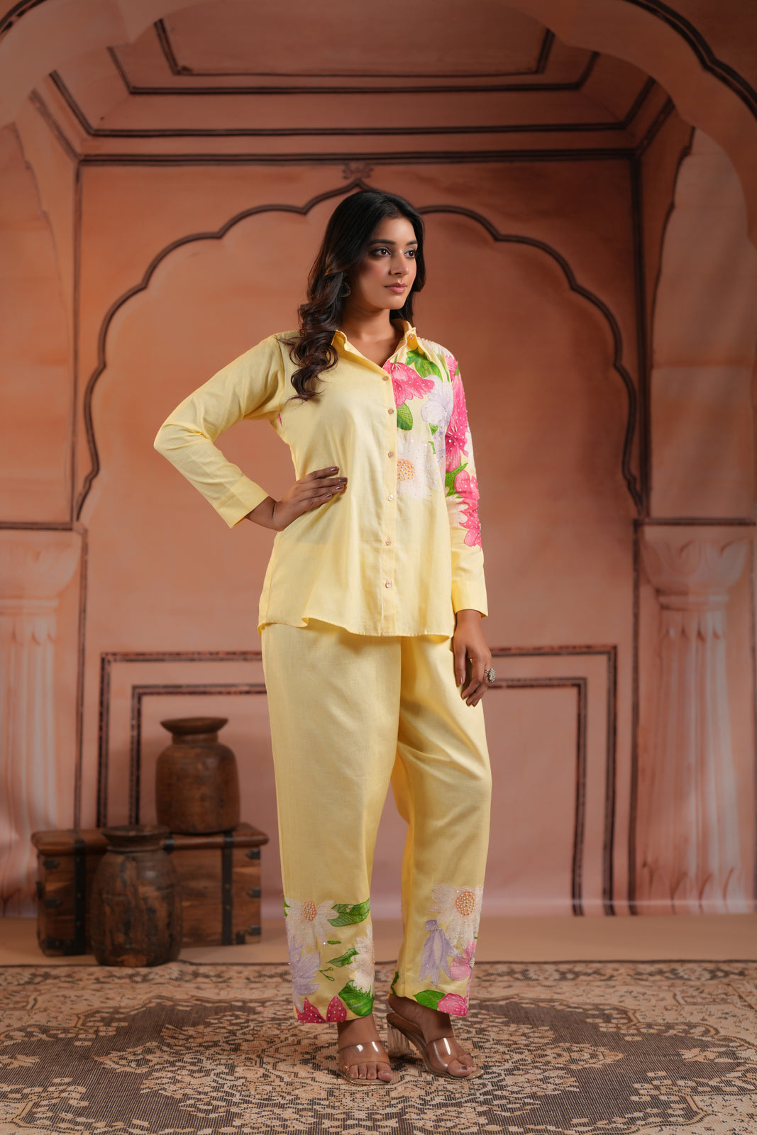 Yellow Cotton Collared Co-Ord Set With Floral Prints Straight Cut Pant