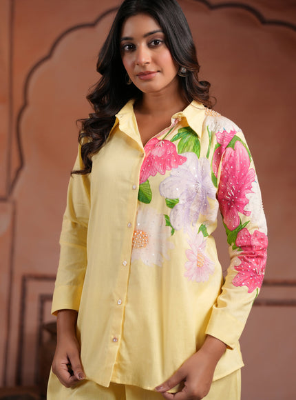 Yellow Cotton Collared Co-Ord Set With Floral Prints Straight Cut Pant