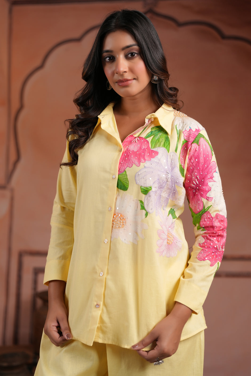 Yellow Cotton Collared Co-Ord Set With Floral Prints Straight Cut Pant