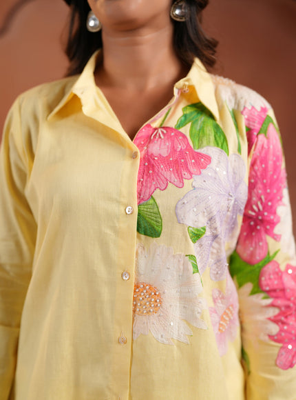 Yellow Cotton Collared Co-Ord Set With Floral Prints Straight Cut Pant