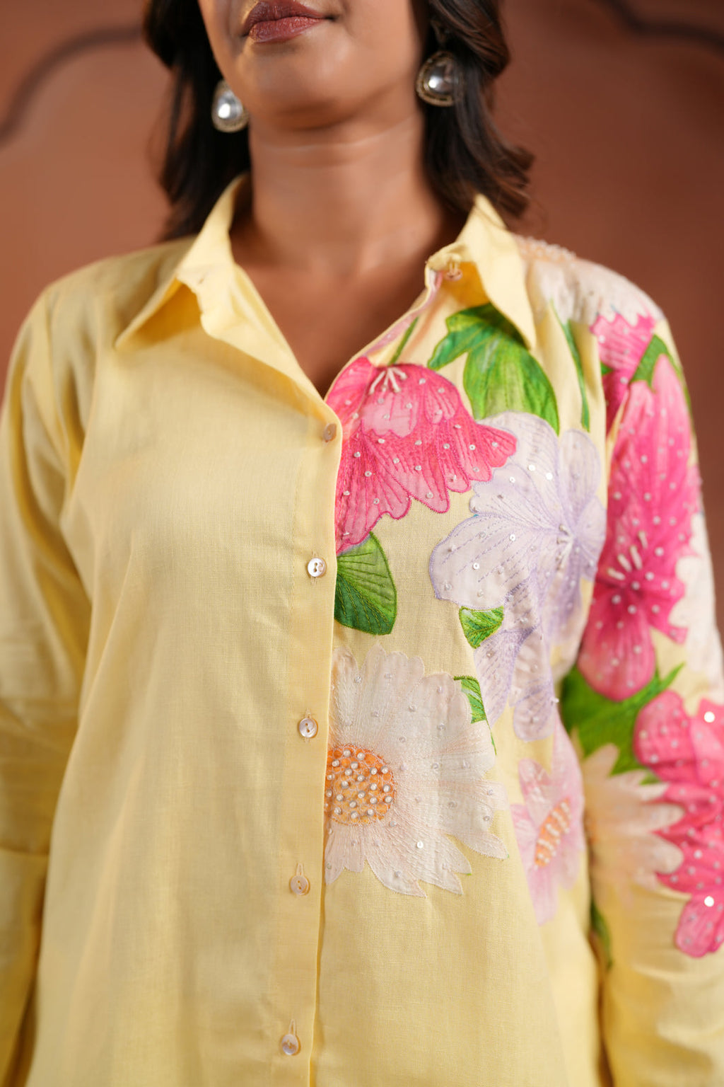 Yellow Cotton Collared Co-Ord Set With Floral Prints Straight Cut Pant