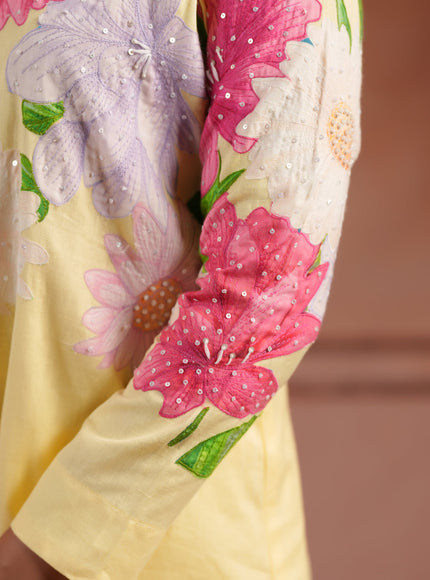 Yellow Cotton Collared Co-Ord Set With Floral Prints Straight Cut Pant