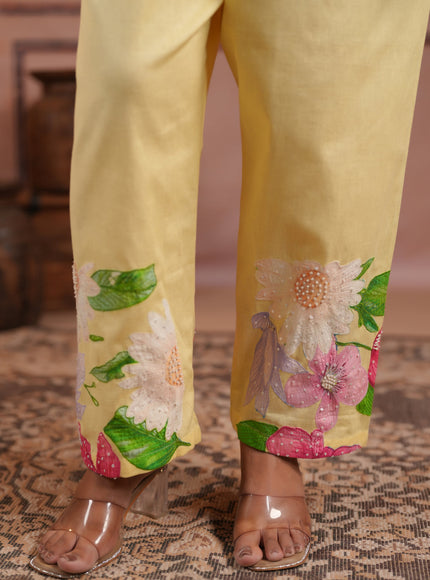 Yellow Cotton Collared Co-Ord Set With Floral Prints Straight Cut Pant