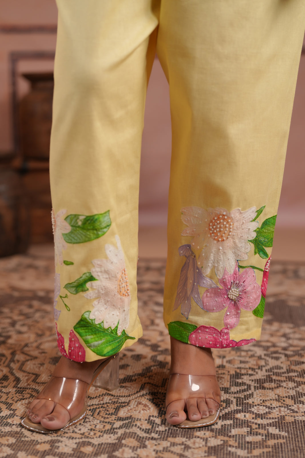 Yellow Cotton Collared Co-Ord Set With Floral Prints Straight Cut Pant