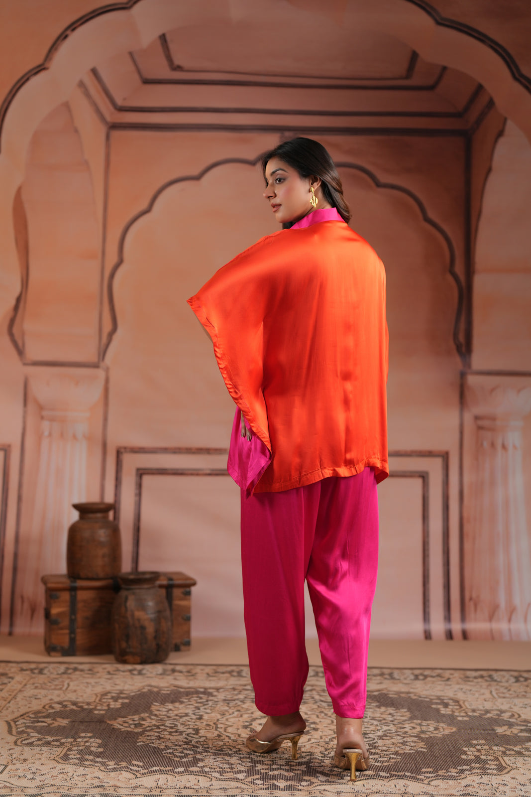 Pink & Orange Satin Crepe Kaftan Set With Beaded Embroidery