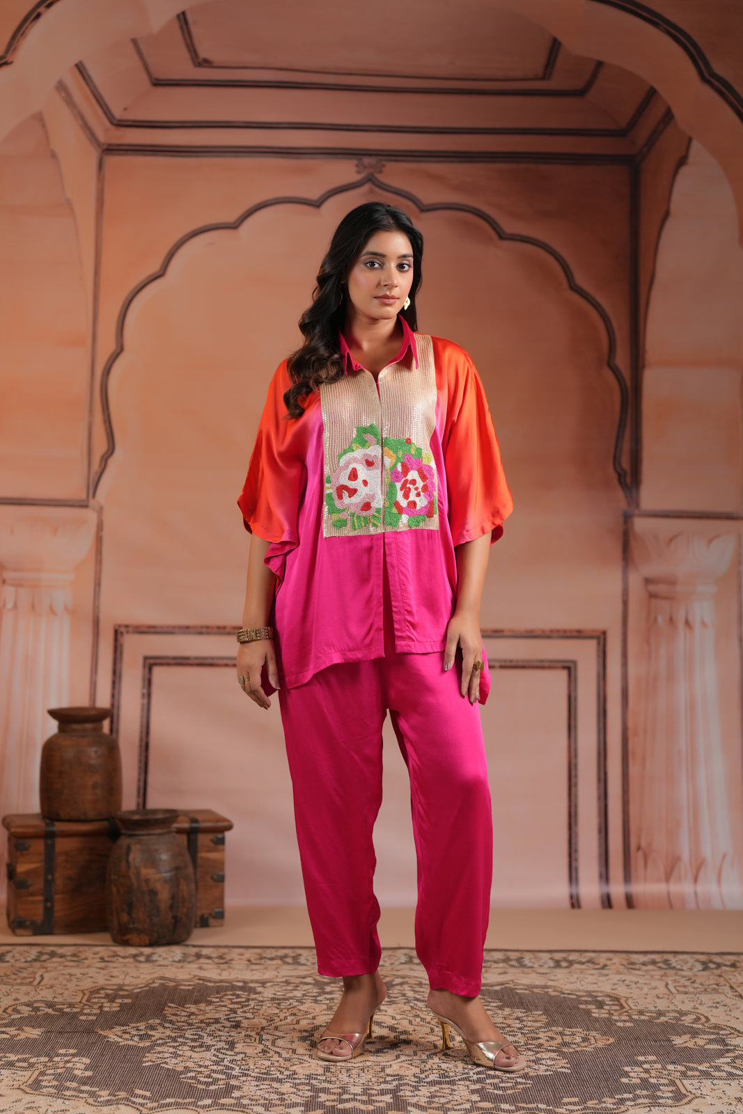 Pink & Orange Satin Crepe Kaftan Set With Beaded Embroidery