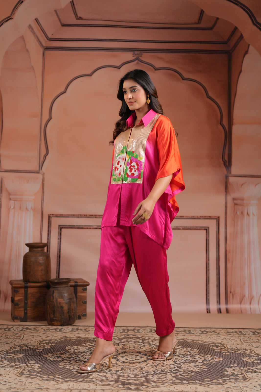 Pink & Orange Satin Crepe Kaftan Set With Beaded Embroidery
