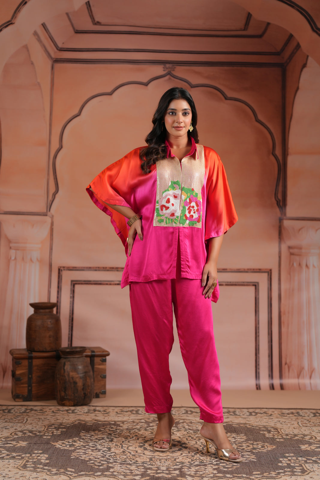 Pink & Orange Satin Crepe Kaftan Set With Beaded Embroidery
