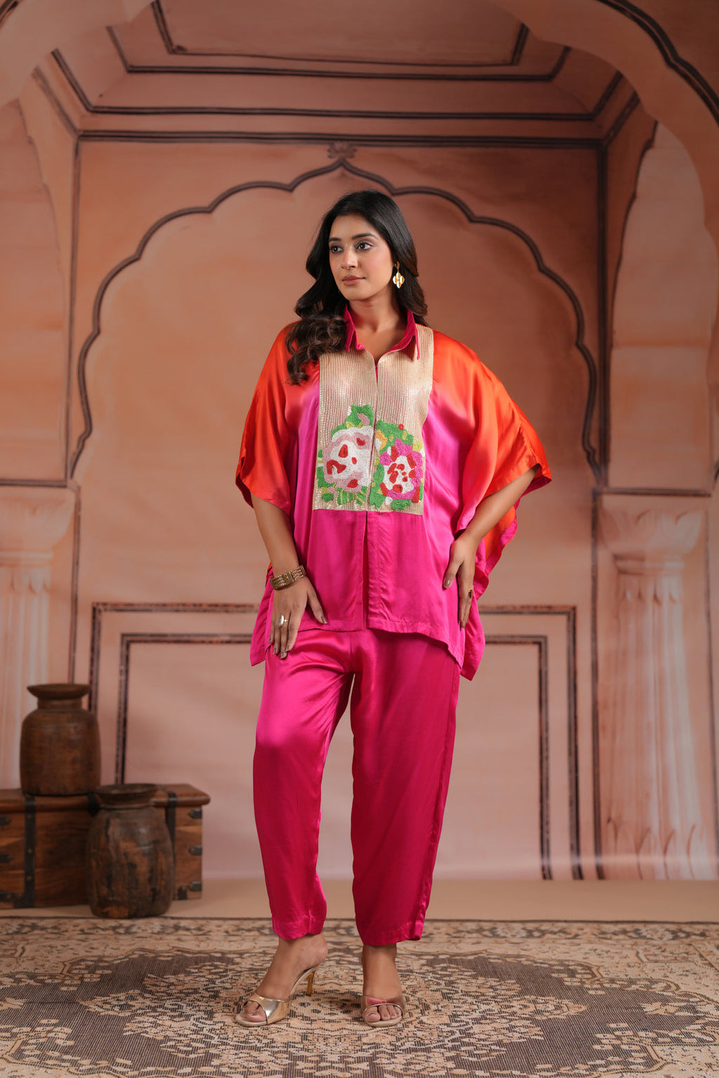 Pink & Orange Satin Crepe Kaftan Set With Beaded Embroidery